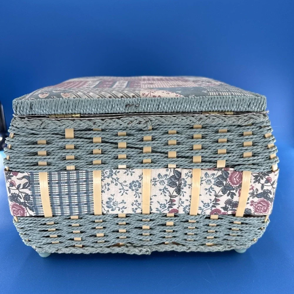 Vintage Wicker Blue Floral Tapestry Square Sewing Box Cottagecore